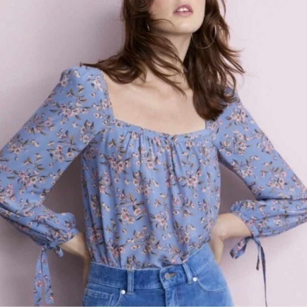 Rebecca Taylor Tilda Floral Silk Square Neck Top in BLUE